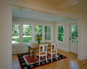 Concord Cottage Style Windows In Dining Room With White Solid Wood Material And Clear Glazing Together With Dining Table And Chairs Plus Rug