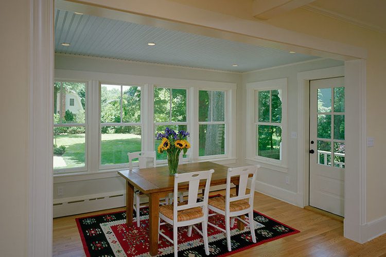Concord Cottage Style Windows In Dining Room With White Solid Wood Material And Clear Glazing Together With Dining Table And Chairs Plus Rug