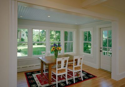 Concord Cottage Style Windows In Dining Room With White Solid Wood Material And Clear Glazing Together With Dining Table And Chairs Plus Rug